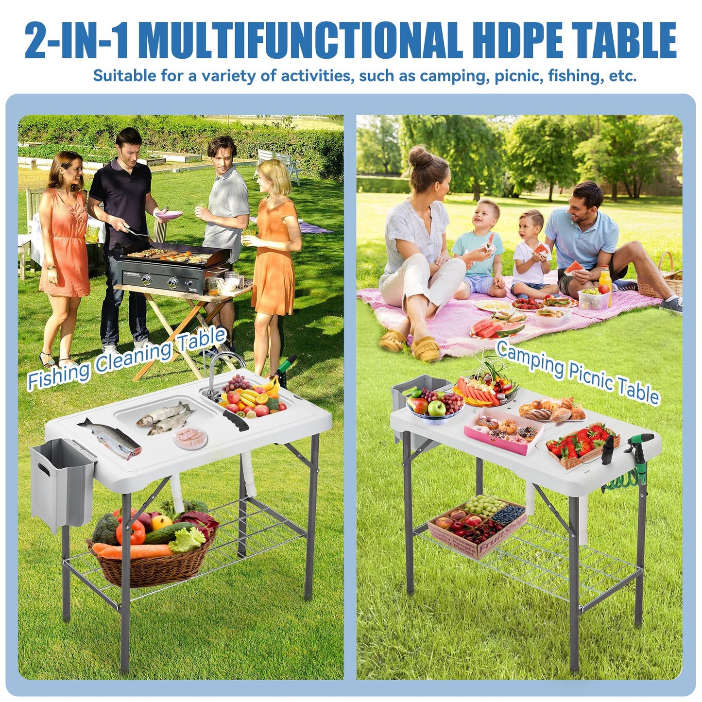 Avocahom Folding Fish Cleaning Table Portable Camping Double Sinks Table w/2 Dual Water Basins, Faucet Drainage Hose & Sprayer Outdoor Fish Fillet Cleaning Station w/Knife, Storage Box,Black - CookCave