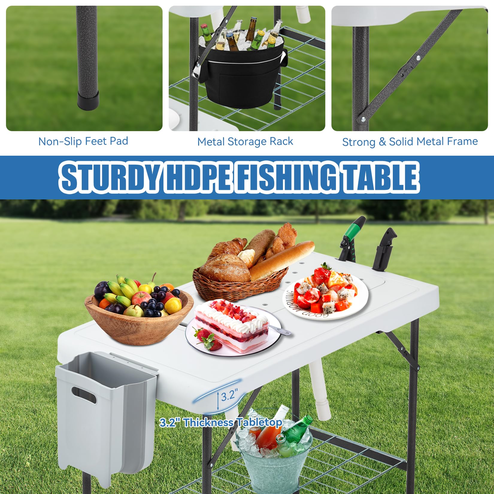Avocahom Folding Fish Cleaning Table Portable Camping Double Sinks Table w/2 Dual Water Basins, Faucet Drainage Hose & Sprayer Outdoor Fish Fillet Cleaning Station w/Knife, Storage Box,Black - CookCave