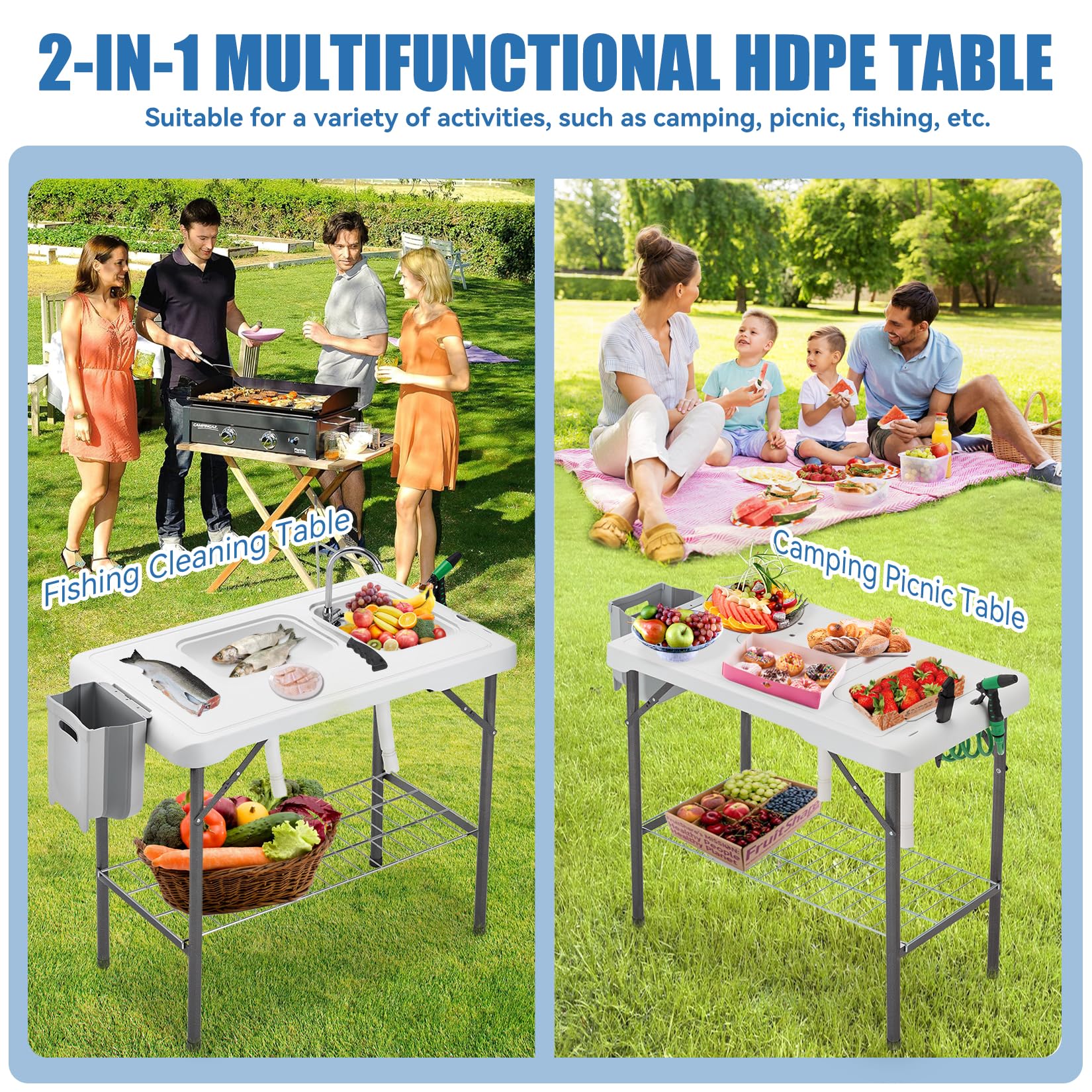 Avocahom Folding Fish Cleaning Table Portable Camping Double Sinks Table w/2 Dual Water Basins, Faucet Drainage Hose & Sprayer Outdoor Fish Fillet Cleaning Station w/Knife, Storage Box,Black - CookCave