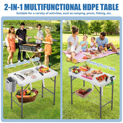 Avocahom Folding Fish Cleaning Table Portable Camping Double Sinks Table w/2 Dual Water Basins, Faucet Drainage Hose & Sprayer Outdoor Fish Fillet Cleaning Station w/Knife, Storage Box,Black - CookCave