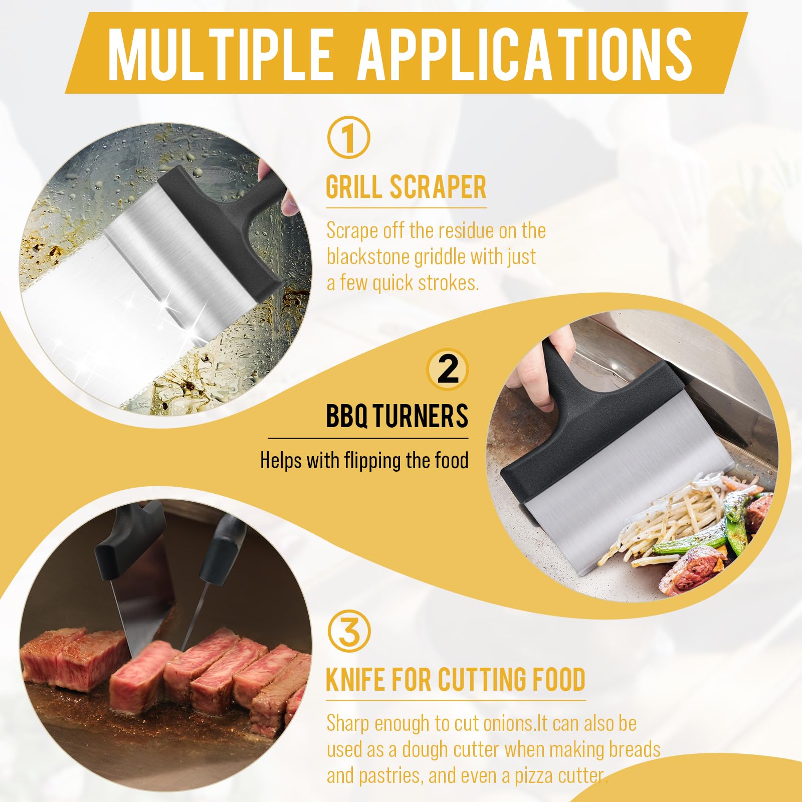 AWEASROY Heavy Duty Grill Scraper Stainless Steel Griddle Scraper with 5 Inches Handle,Sturdy Food Scraper Tool Kitchen for Blackstone Grill Accessories,Outdoor Barbecue Turners Tools (Black 2 Pcs) - CookCave