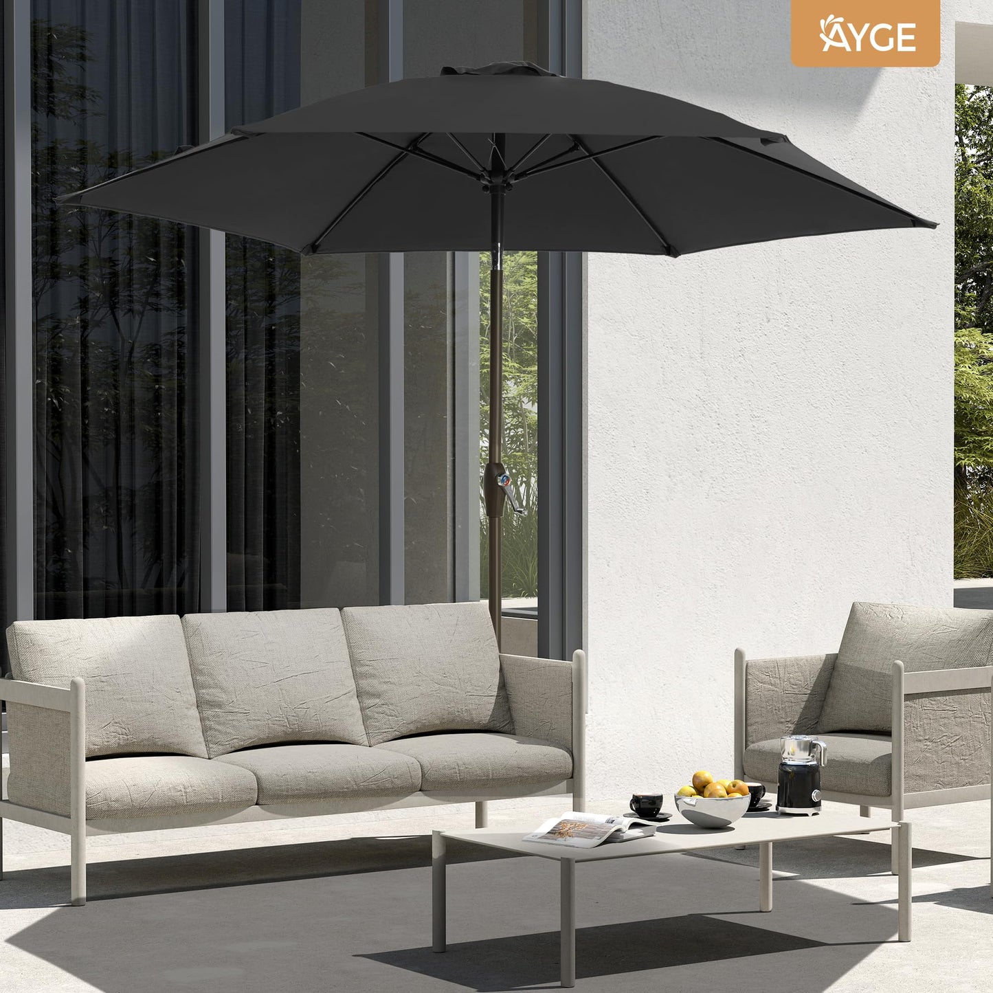 Ayge 7.5FT Large Outdoor Patio Umbrella Market Table Umbrella-UV Resistant, Easy Push Button Tilt and Crank, 6 Sturdy Fiberglass Ribs Heavy-Duty Pool Umbrella for Deck, Backyard,Garden, Yard,Black - CookCave