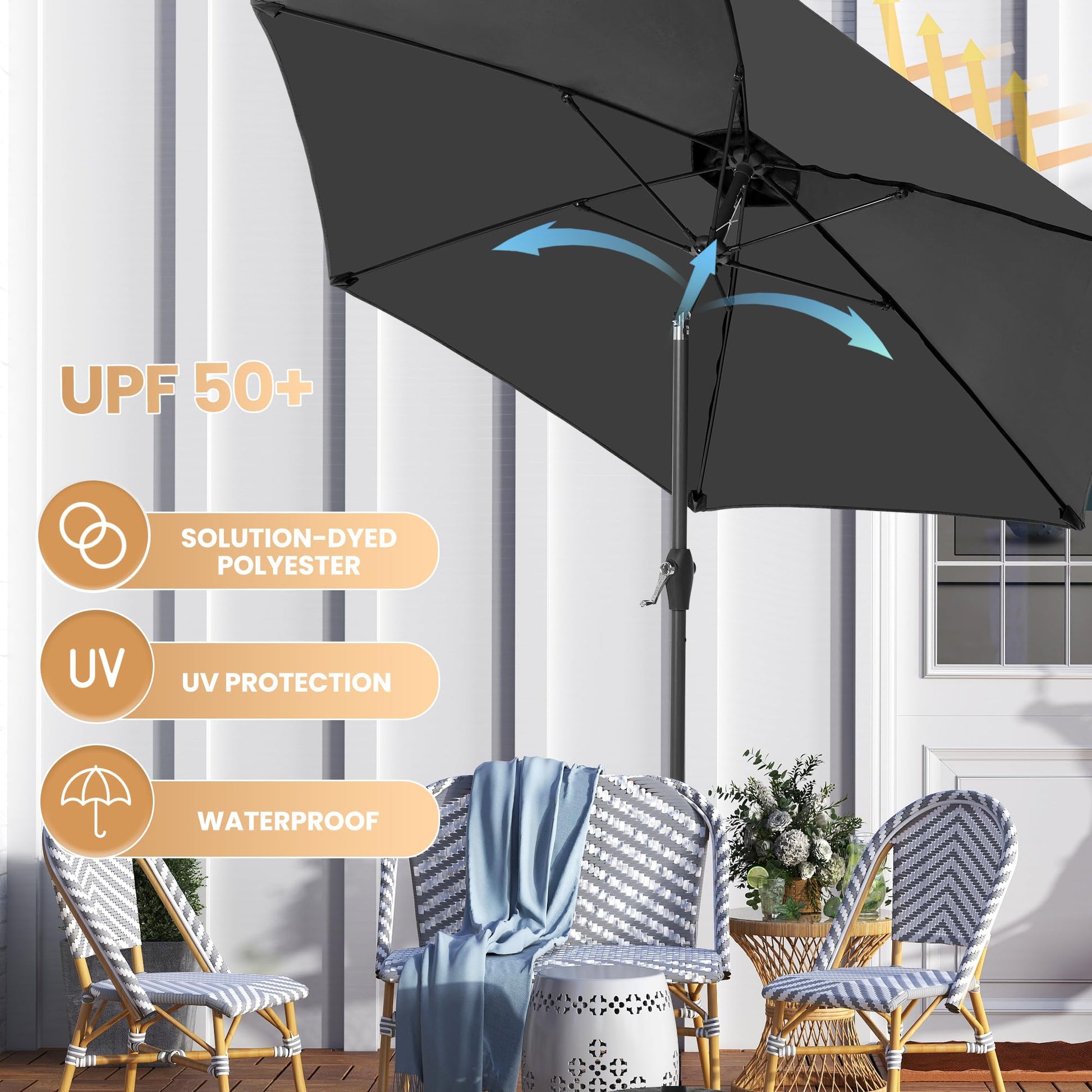 Ayge 7.5FT Large Outdoor Patio Umbrella Market Table Umbrella-UV Resistant, Easy Push Button Tilt and Crank, 6 Sturdy Fiberglass Ribs Heavy-Duty Pool Umbrella for Deck, Backyard,Garden, Yard,Black - CookCave