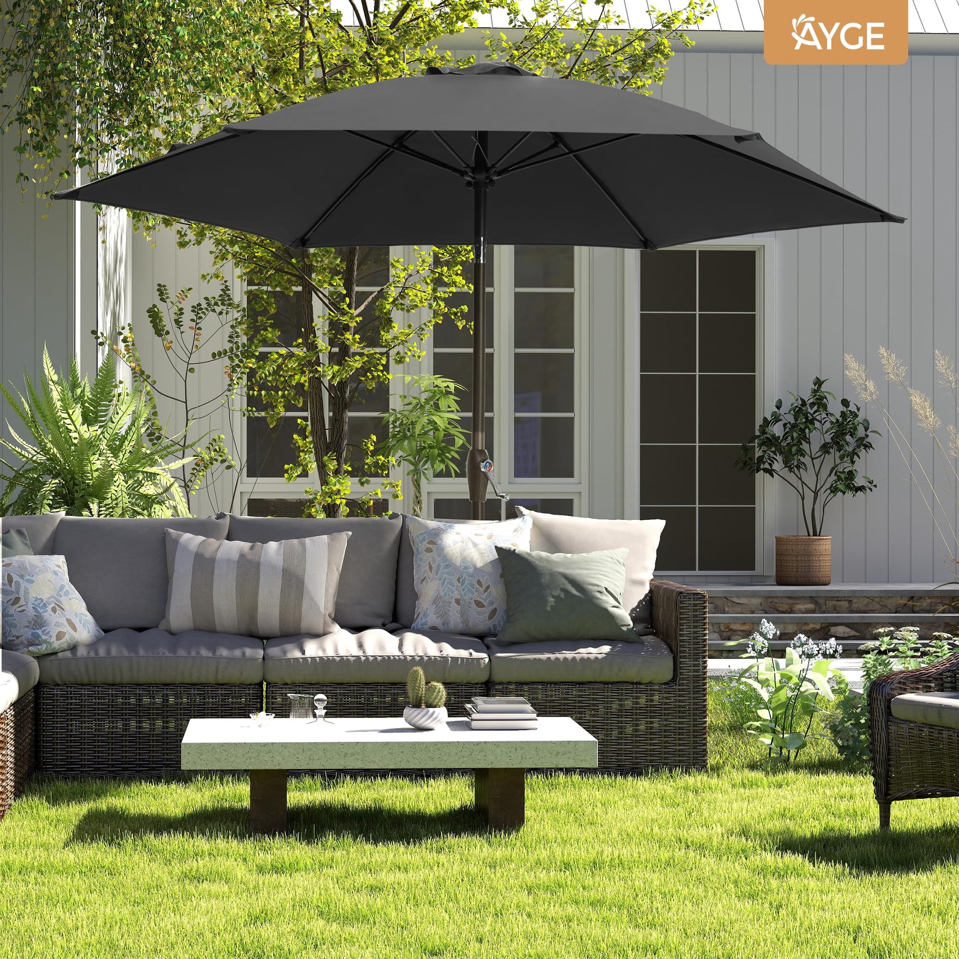 Ayge 7.5FT Large Outdoor Patio Umbrella Market Table Umbrella-UV Resistant, Easy Push Button Tilt and Crank, 6 Sturdy Fiberglass Ribs Heavy-Duty Pool Umbrella for Deck, Backyard,Garden, Yard,Black - CookCave