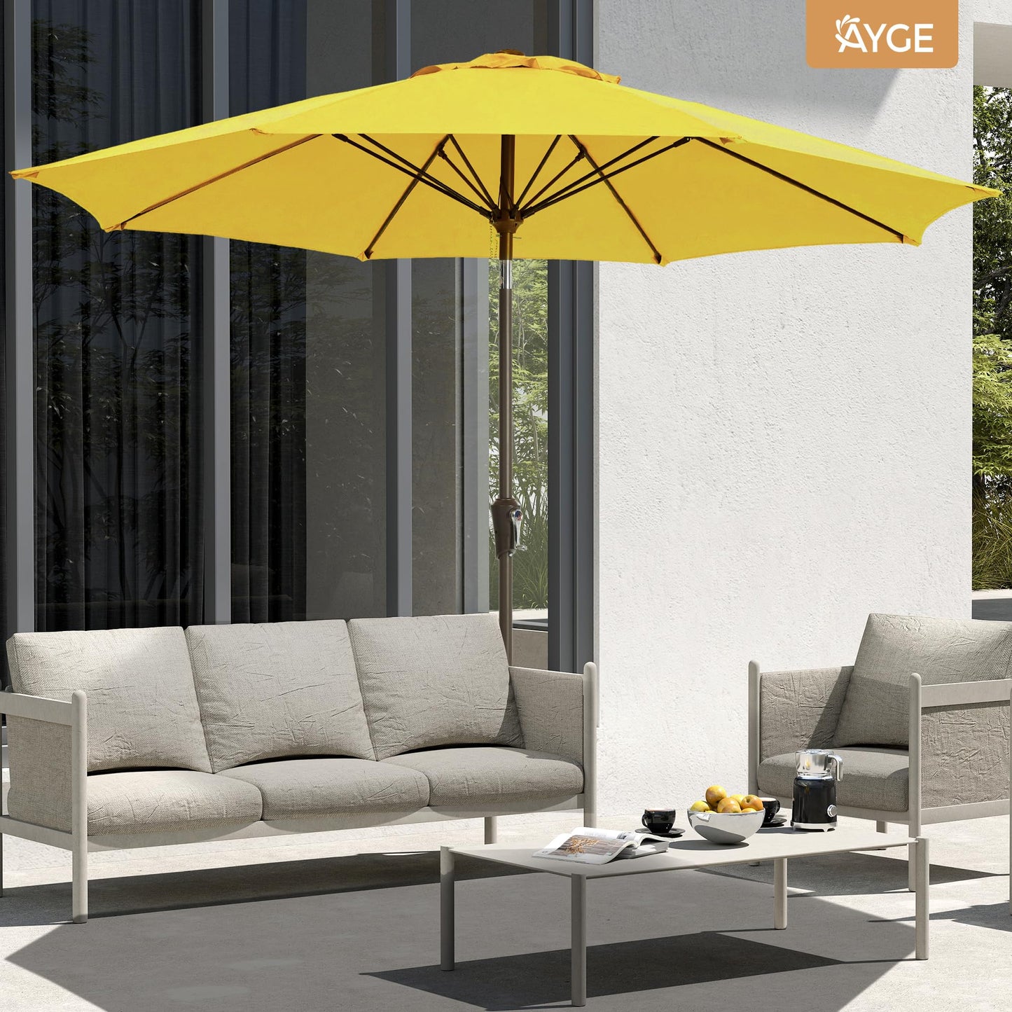 Ayge 9FT Large Outdoor Patio Umbrella Market Table Umbrella-UV Resistant, Easy Push Button Tilt and Crank, 8 Sturdy Fiberglass Ribs Heavy-Duty Pool Umbrella for Deck, Backyard,Garden,Yellow - CookCave