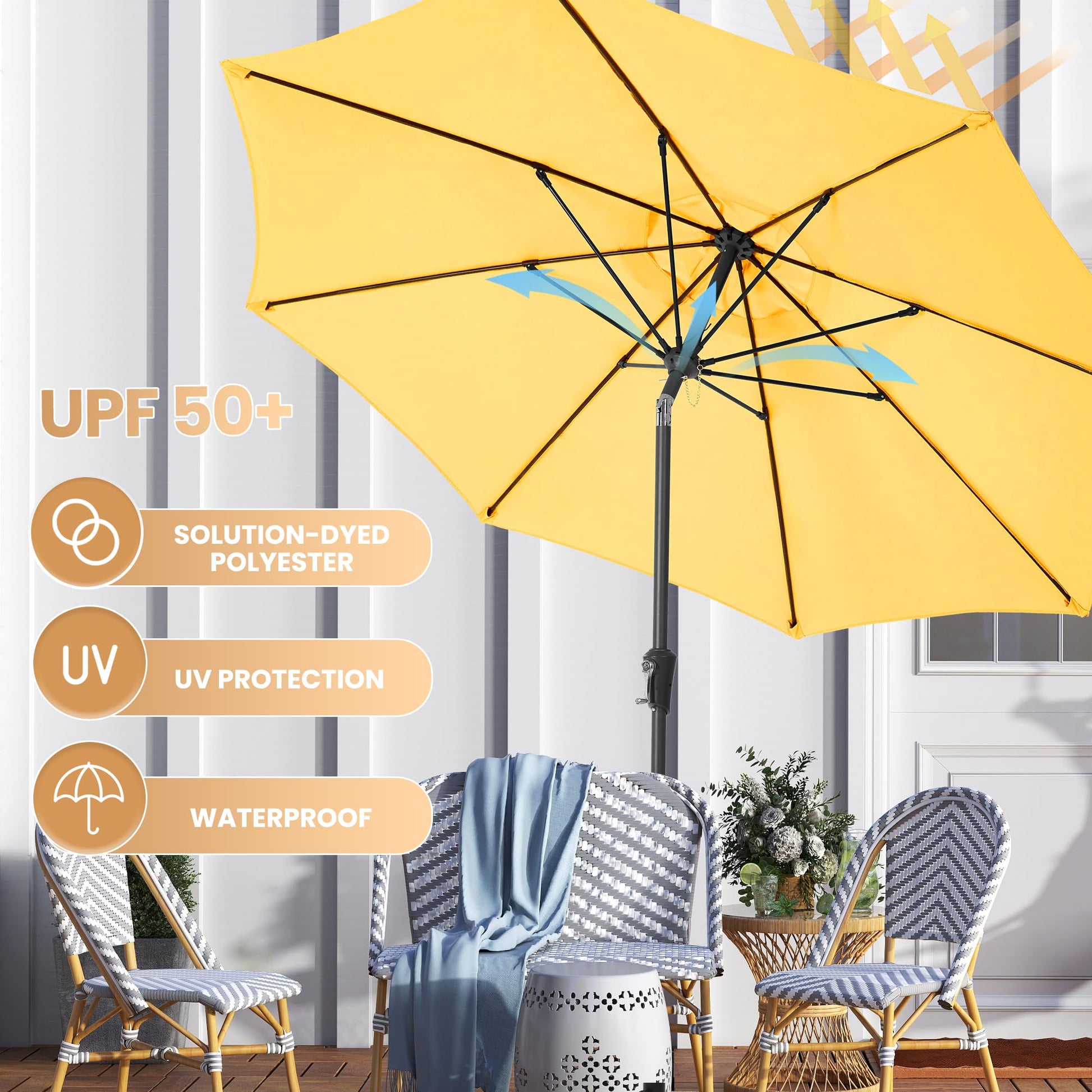 Ayge 9FT Large Outdoor Patio Umbrella Market Table Umbrella-UV Resistant, Easy Push Button Tilt and Crank, 8 Sturdy Fiberglass Ribs Heavy-Duty Pool Umbrella for Deck, Backyard,Garden,Yellow - CookCave