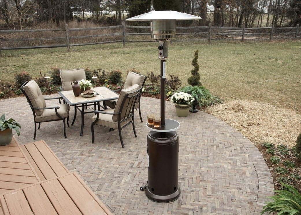 AZ Patio Outdoor Propane Gas Patio Heater, 48K BTU's, Open Door Design, Adjustable Table, Single pole, CSA approved, Hammered Bronze Finish - CookCave
