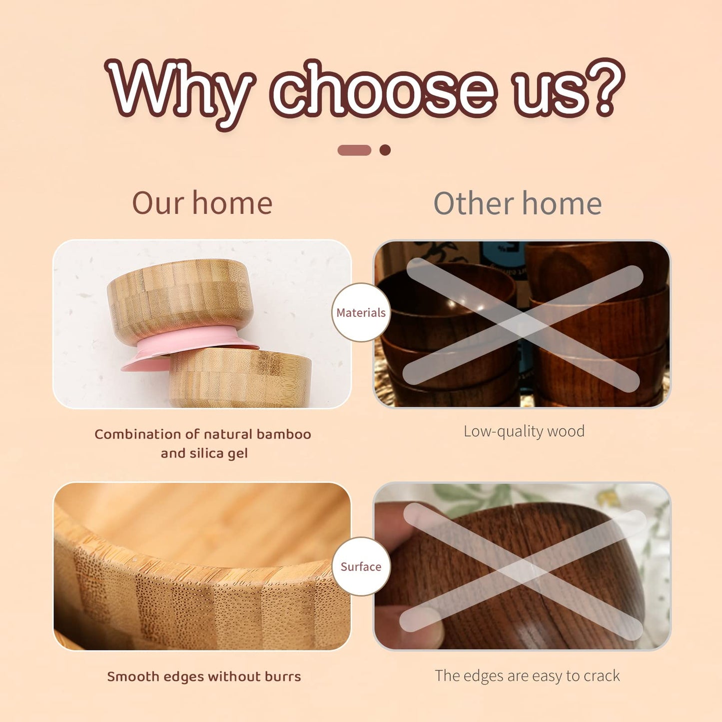 Baby Bamboo Bowls with Suction and Matching Spoon Set - 2PC Feeding Supplies Set for Infant, Toddlers - Detachable Silicone Suction Stay Put Base for Wooden Bowl - BPA Free （Marble） - CookCave