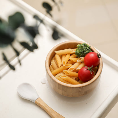 Baby Bamboo Bowls with Suction and Matching Spoon Set - 2PC Feeding Supplies Set for Infant, Toddlers - Detachable Silicone Suction Stay Put Base for Wooden Bowl - BPA Free （Marble） - CookCave