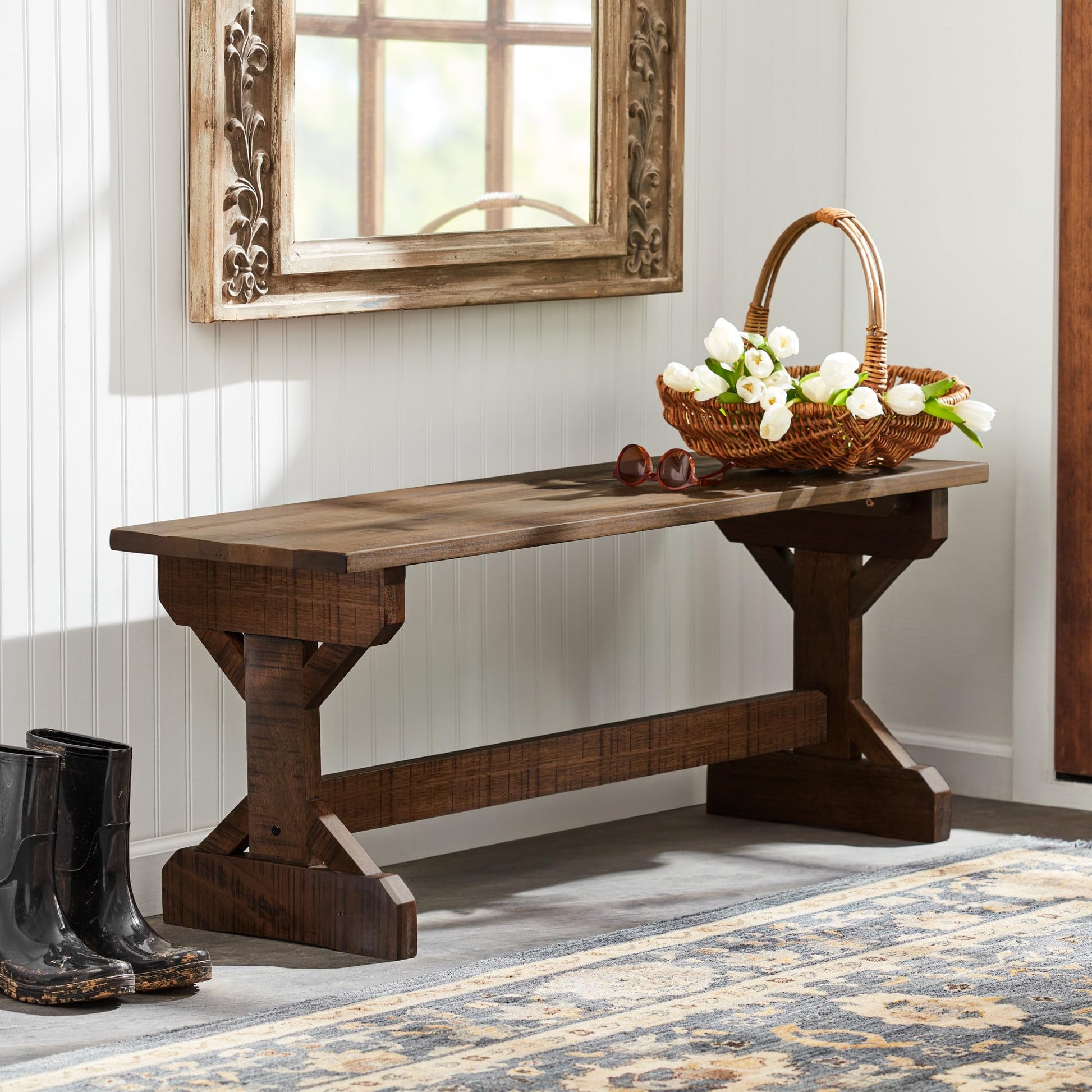 Backyard Discovery 46" Meranti Wood Farmhouse Bench with Walnut Stain, Designed for Indoor and Outdoor Use, Entryway, Living Room, Garden, Patio, Porch, Deck - CookCave