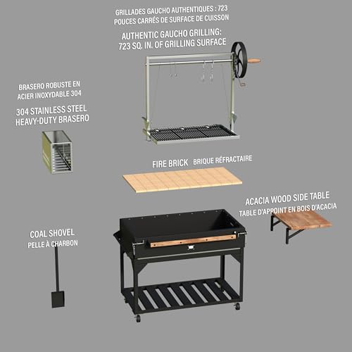 Backyard Discovery Argentine Santa Maria Wood Fire & Charcoal BBQ Grill with Brasero, Adjustable Grill Grates, Fire Bricks, Heavy-Duty Steel, S-Hooks, Acacia Wood Table for Outdoor Gaucho Grilling - CookCave