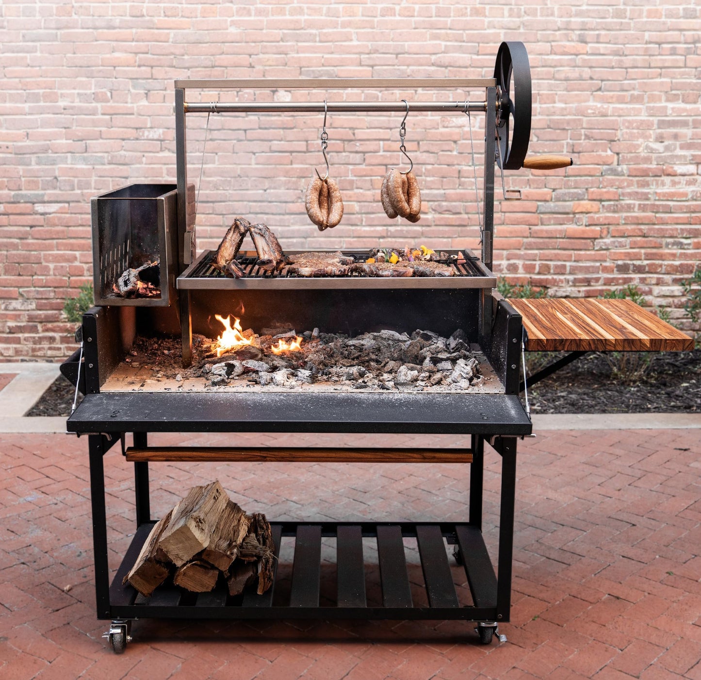 Backyard Discovery Argentine Santa Maria Wood Fire & Charcoal BBQ Grill with Brasero, Adjustable Grill Grates, Fire Bricks, Heavy-Duty Steel, S-Hooks, Acacia Wood Table for Outdoor Gaucho Grilling - CookCave