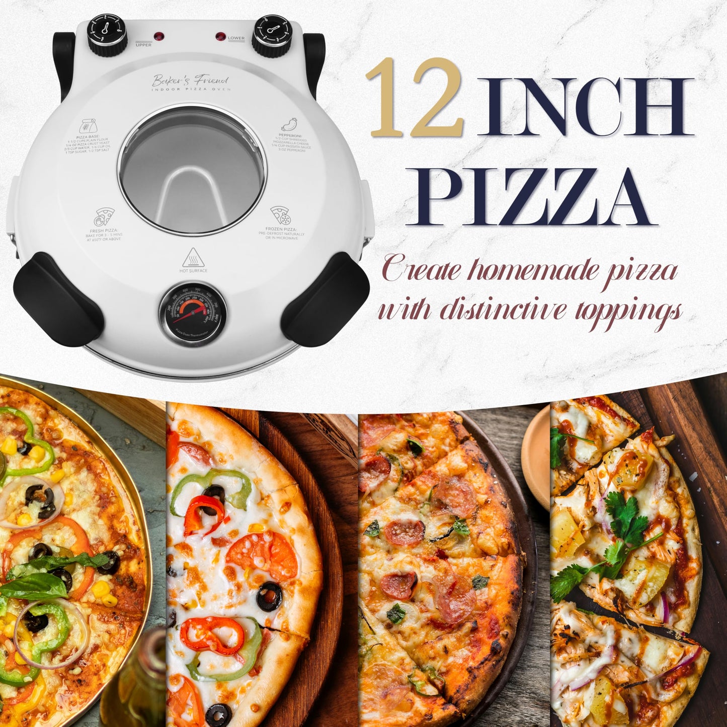 Baker's Friend Electric Pizza Oven Indoor Countertop, 12 Inch Maker Machine for Home, Cooker & Grill, Premium Glazed Ceramic Stone Oven, Creamy White - CookCave