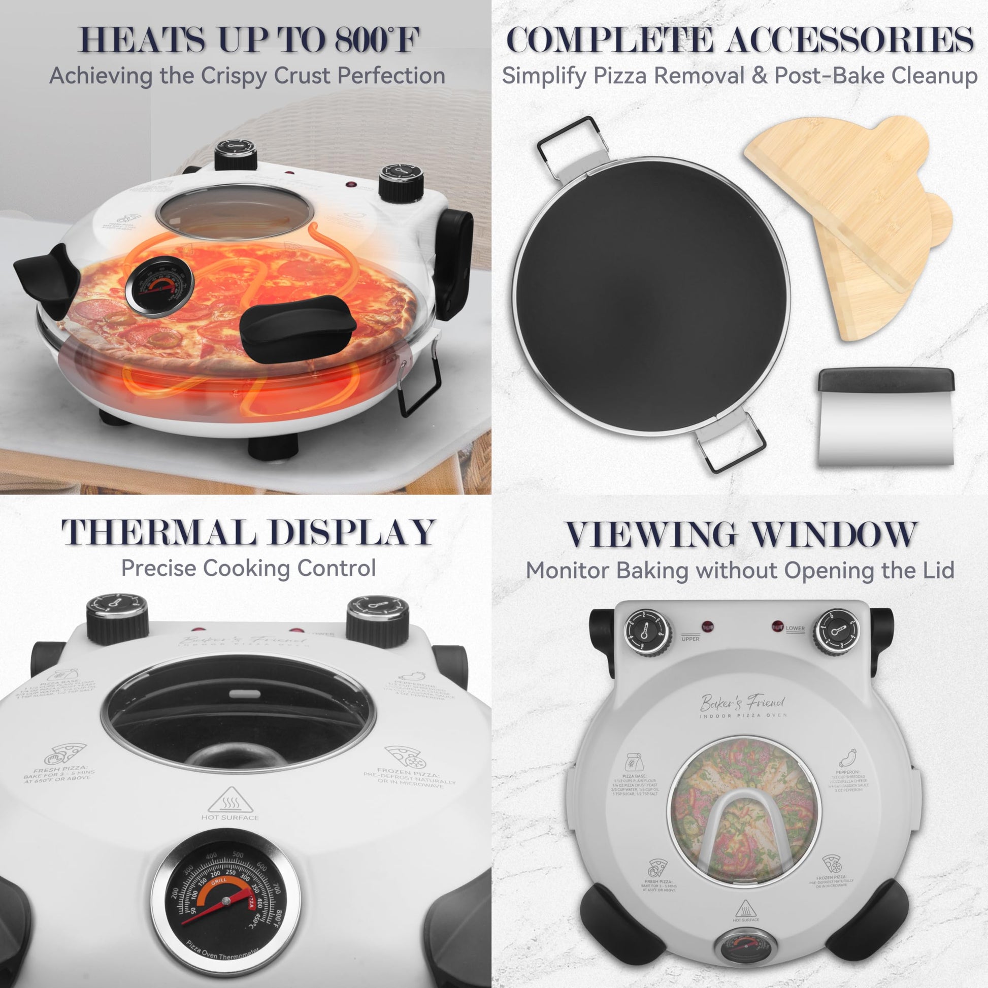 Baker's Friend Electric Pizza Oven Indoor Countertop, 12 Inch Maker Machine for Home, Cooker & Grill, Premium Glazed Ceramic Stone Oven, Creamy White - CookCave