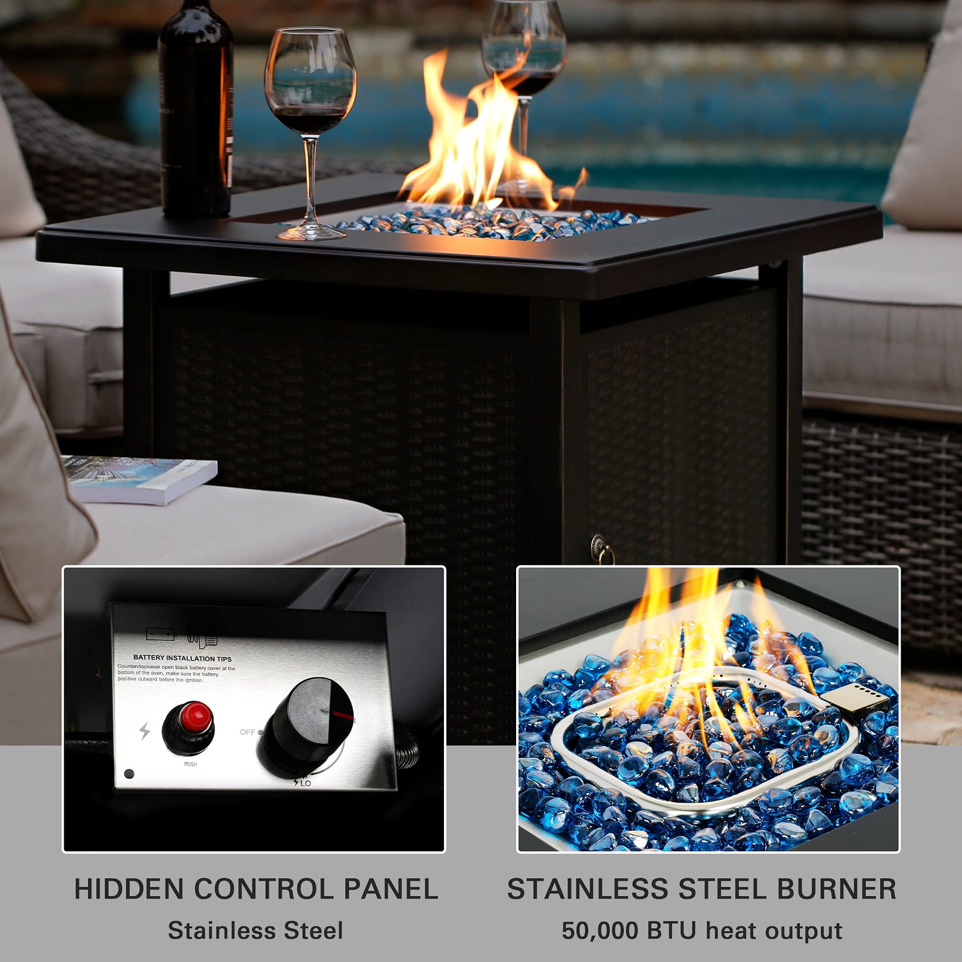 BALI OUTDOORS 50000 BTU Propane Fire Pit with Lid, 28 inch Fire Pit Table Outdoor, Black Firepits for Outside Backyard, Patio - CookCave