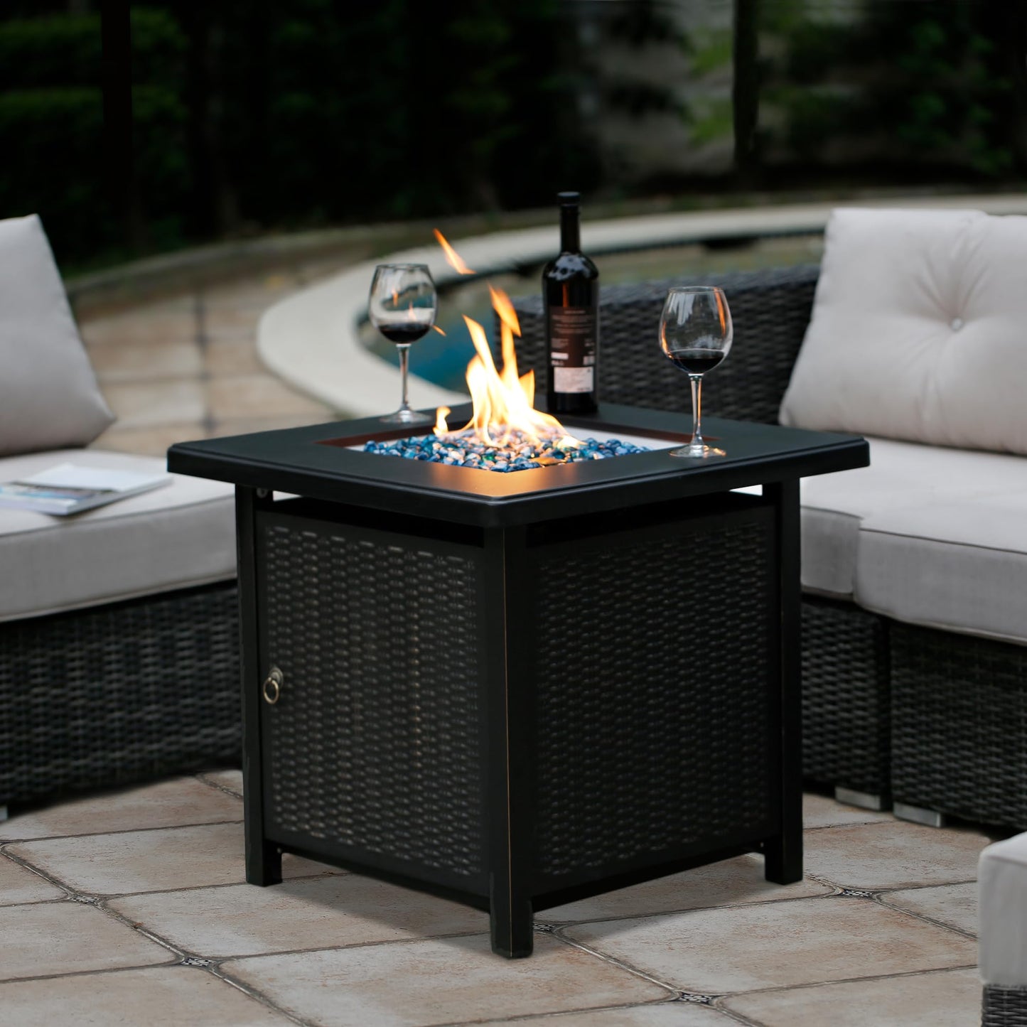 BALI OUTDOORS 50000 BTU Propane Fire Pit with Lid, 28 inch Fire Pit Table Outdoor, Black Firepits for Outside Backyard, Patio - CookCave