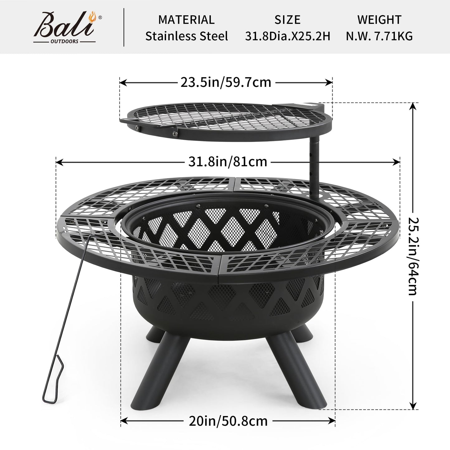 BALI OUTDOORS Fire Pit with Poker, 32 inch Outdoor Fire Pit Patio, Wood Burning Firepits for Outside with Grill - CookCave