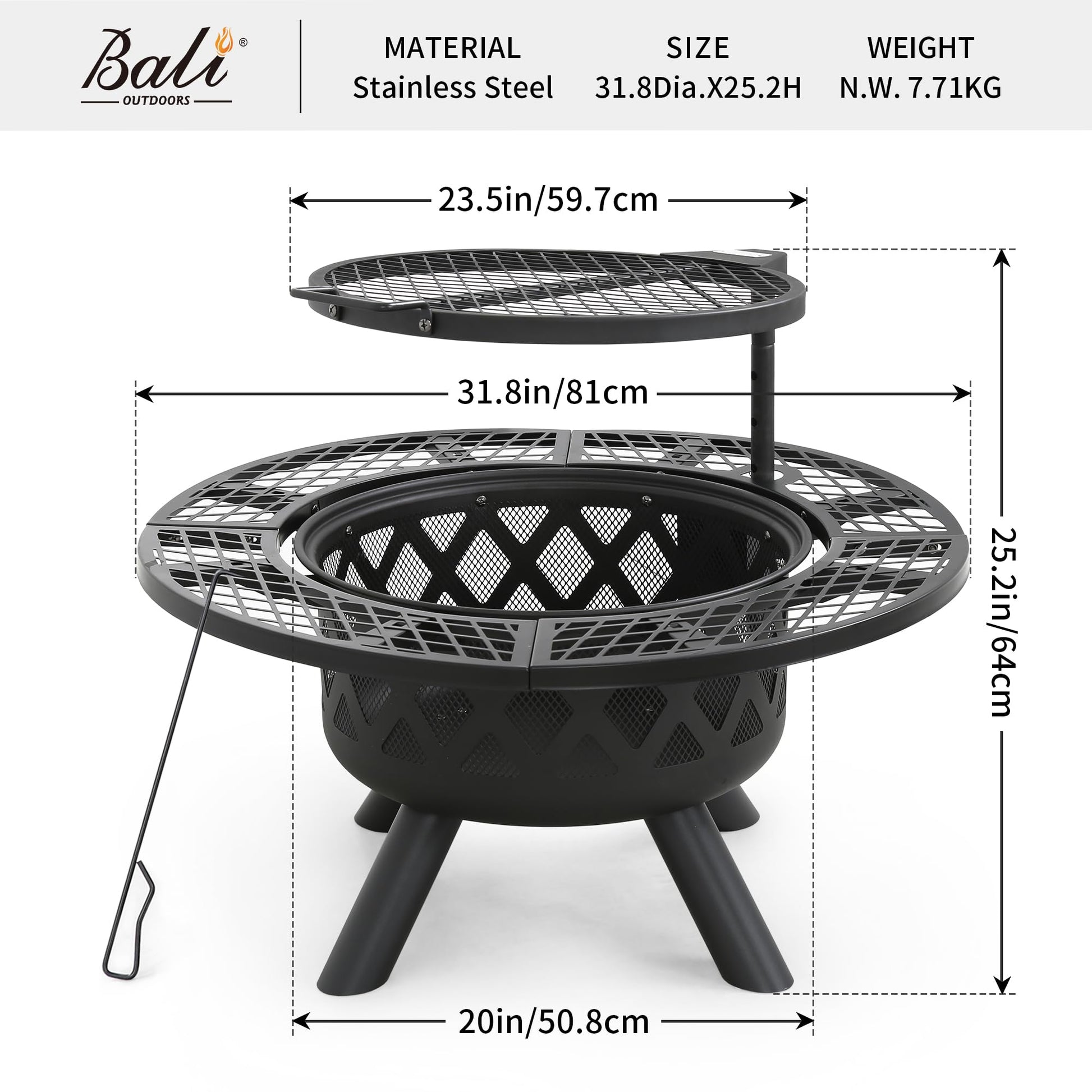 BALI OUTDOORS Fire Pit with Poker, 32 inch Outdoor Fire Pit Patio, Wood Burning Firepits for Outside with Grill - CookCave