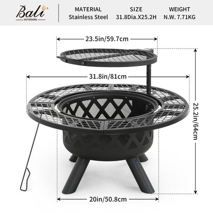 BALI OUTDOORS Fire Pit with Poker, 32 inch Outdoor Fire Pit Patio, Wood Burning Firepits for Outside with Grill - CookCave