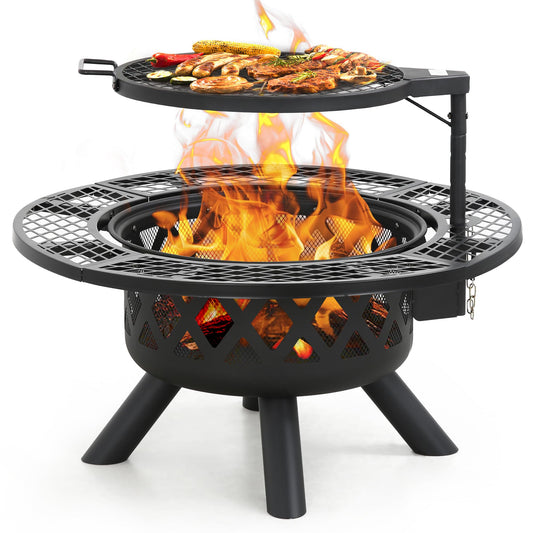 BALI OUTDOORS Fire Pit with Poker, 32 inch Outdoor Fire Pit Patio, Wood Burning Firepits for Outside with Grill - CookCave