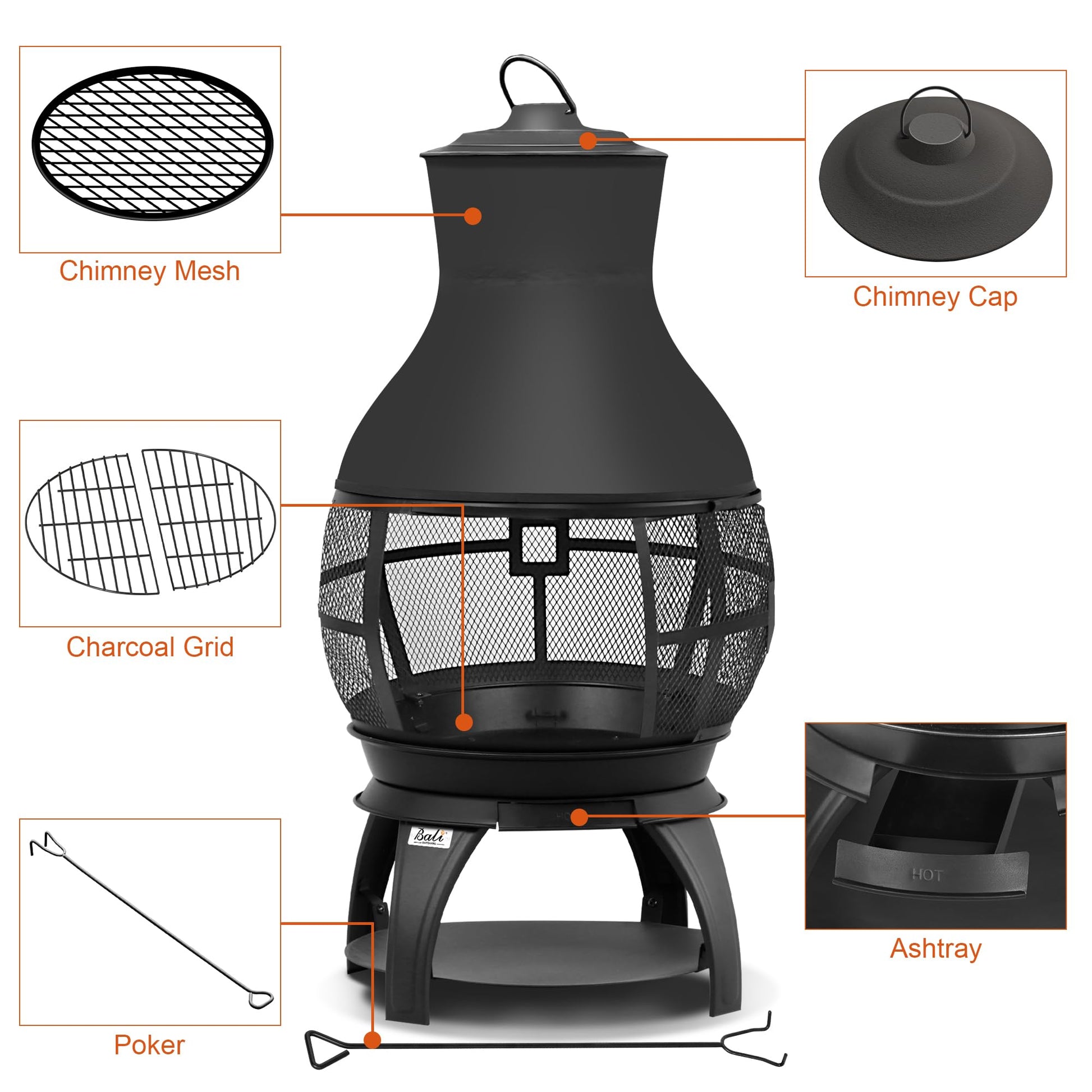 BALI OUTDOORS Fire Pit Wood Burning Chiminea Outside Fireplace Patio Small Firepit, Size 17.7" W x 35.6" H, Brown-Black - CookCave
