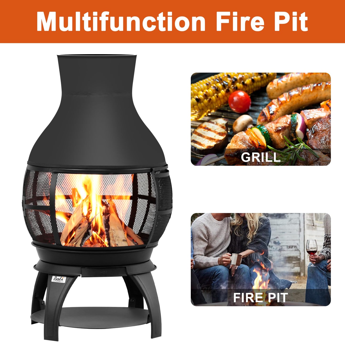 BALI OUTDOORS Fire Pit Wood Burning Chiminea Outside Fireplace Patio Small Firepit, Size 17.7" W x 35.6" H, Brown-Black - CookCave