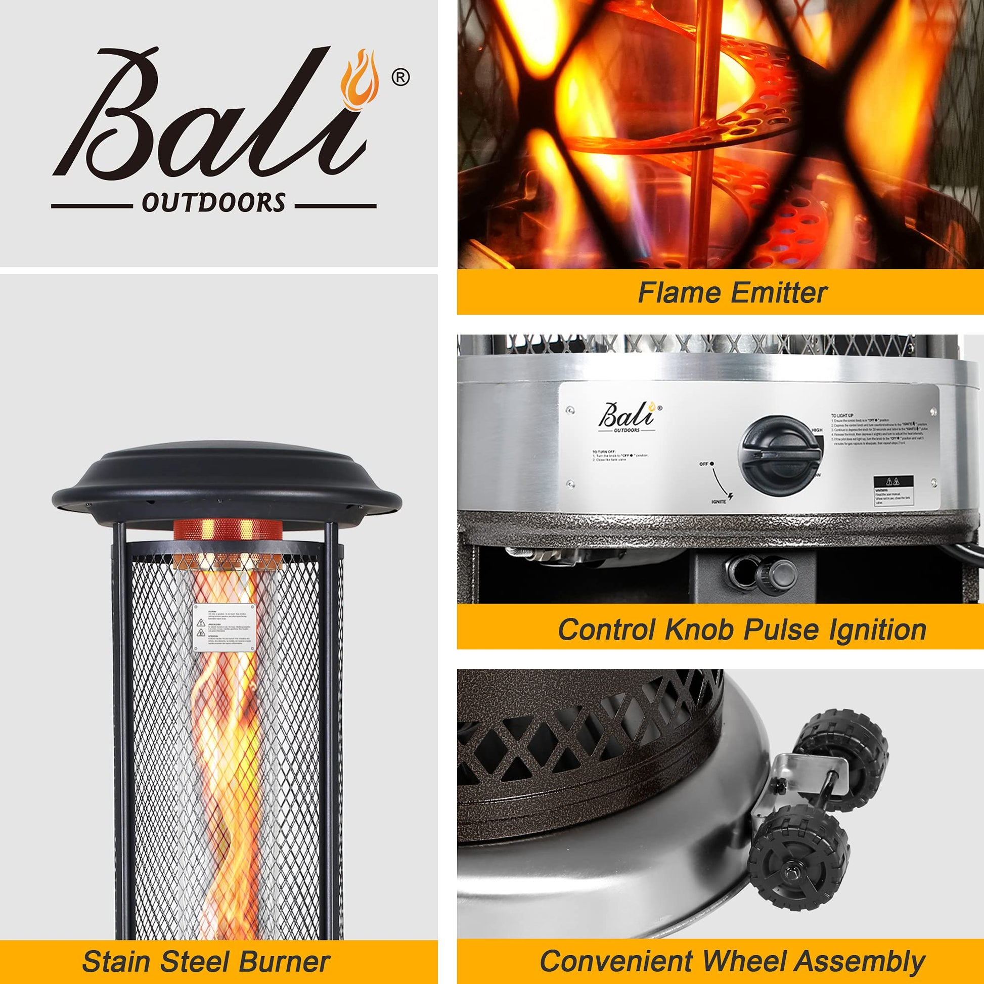 BALI OUTDOORS Propane Patio Heater, Stainless Steel Standing, 36,000 BTUs Portable Commercial Outdoor Gas Patio Heater with Glass Tube for Deck, Garden and Porch - CookCave