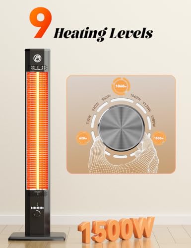 BALKO 42INCH Outdoor Heater, 9 Heat Levels & 540Min Timer, Child Safety Lock, IP65 Waterproof Garage Heater, 1500W Infrared Heating,Tip-Over & Overheat Protection, Patio Heaters for Outdoor Use Indoor - CookCave