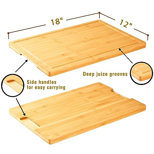 Bamboo Cutting Board for Kitchen, 18" Large Wood Charcuterie Cheese Board, Wooden Chopping Block with Side Handles and Juice Grooves - CookCave