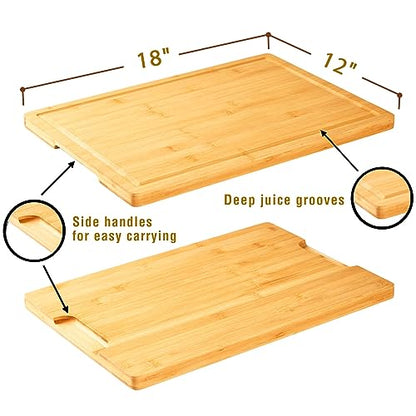 Bamboo Cutting Board for Kitchen, 18" Large Wood Charcuterie Cheese Board, Wooden Chopping Block with Side Handles and Juice Grooves - CookCave