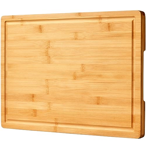 Bamboo Cutting Board for Kitchen, 18" Large Wood Charcuterie Cheese Board, Wooden Chopping Block with Side Handles and Juice Grooves - CookCave