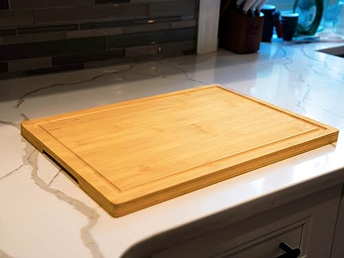 Bamboo Cutting Board for Kitchen, 18" Large Wood Charcuterie Cheese Board, Wooden Chopping Block with Side Handles and Juice Grooves - CookCave