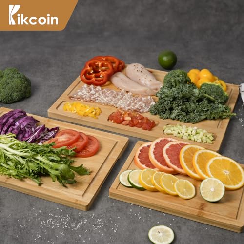 Bamboo Cutting Boards for Kitchen, (Set of 3) Kitchen Chopping Board with 3 Built-In Compartments and Juice Groove Heavy Duty Serving Tray Wood Butcher Block and Wooden Carving Board, Kikcoin - CookCave