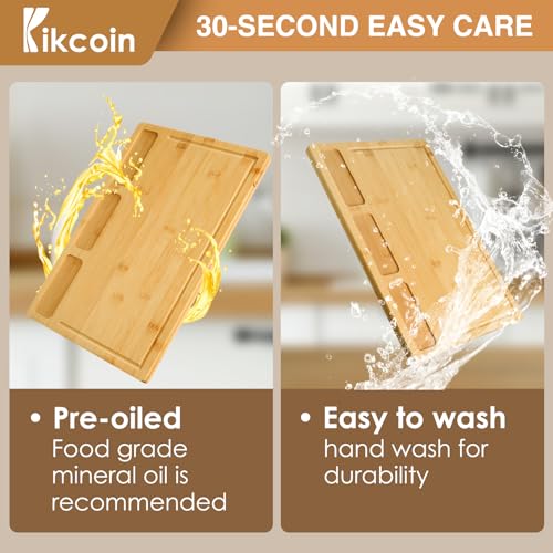 Bamboo Cutting Boards for Kitchen, (Set of 3) Kitchen Chopping Board with 3 Built-In Compartments and Juice Groove Heavy Duty Serving Tray Wood Butcher Block and Wooden Carving Board, Kikcoin - CookCave
