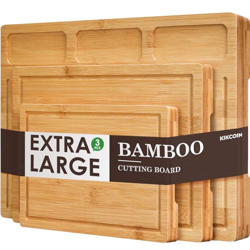 Bamboo Cutting Boards for Kitchen, (Set of 3) Kitchen Chopping Board with 3 Built-In Compartments and Juice Groove Heavy Duty Serving Tray Wood Butcher Block and Wooden Carving Board, Kikcoin - CookCave