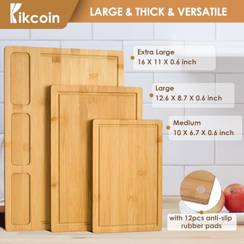 Bamboo Cutting Boards for Kitchen, (Set of 3) Kitchen Chopping Board with 3 Built-In Compartments and Juice Groove Heavy Duty Serving Tray Wood Butcher Block and Wooden Carving Board, Kikcoin - CookCave
