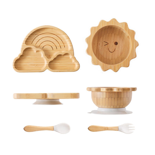 Bamboo Suction Plates Bowls Set for Baby Toddler Divided Platter Food bowl with Silicone Fork & Spoon All-Natural Baby Feeding Set for Baby-Led Weaning, Non-Slip Design - CookCave