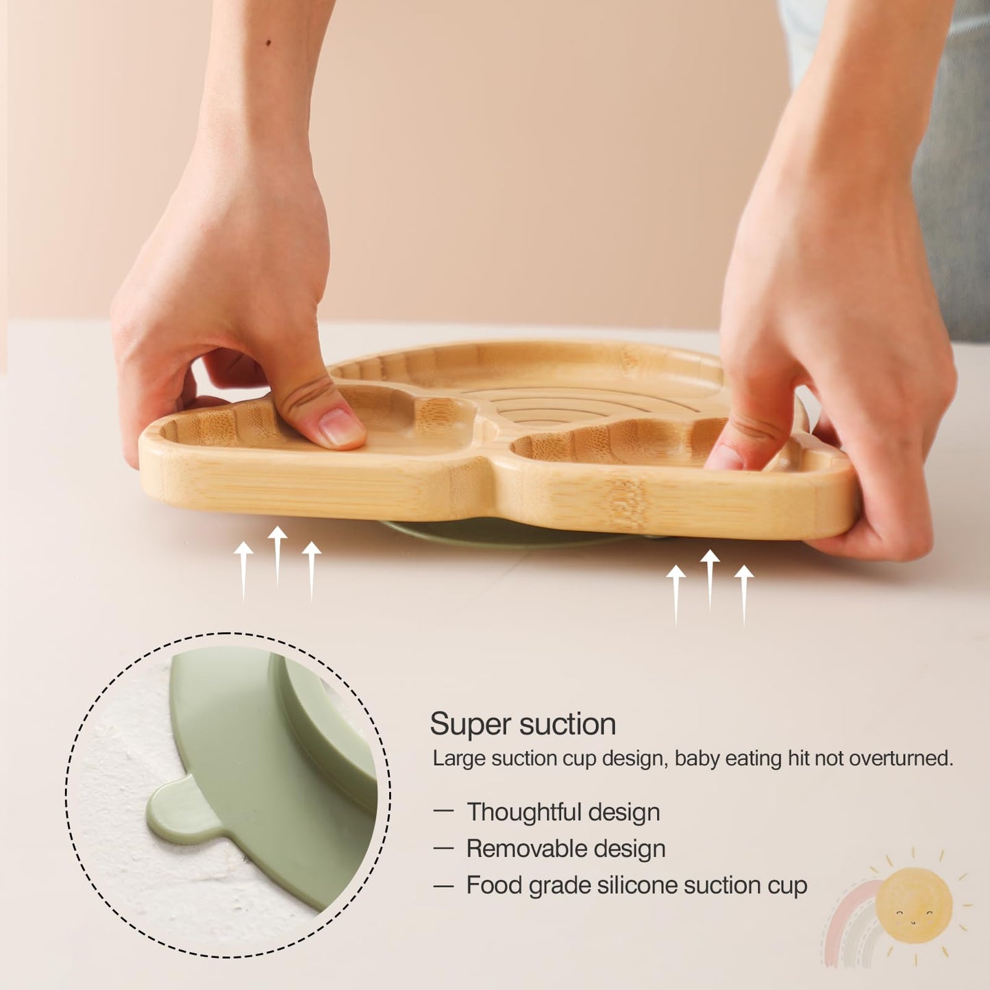 Bamboo Suction Plates Bowls Set for Baby Toddler Divided Platter Food bowl with Silicone Fork & Spoon All-Natural Baby Feeding Set for Baby-Led Weaning, Non-Slip Design - CookCave