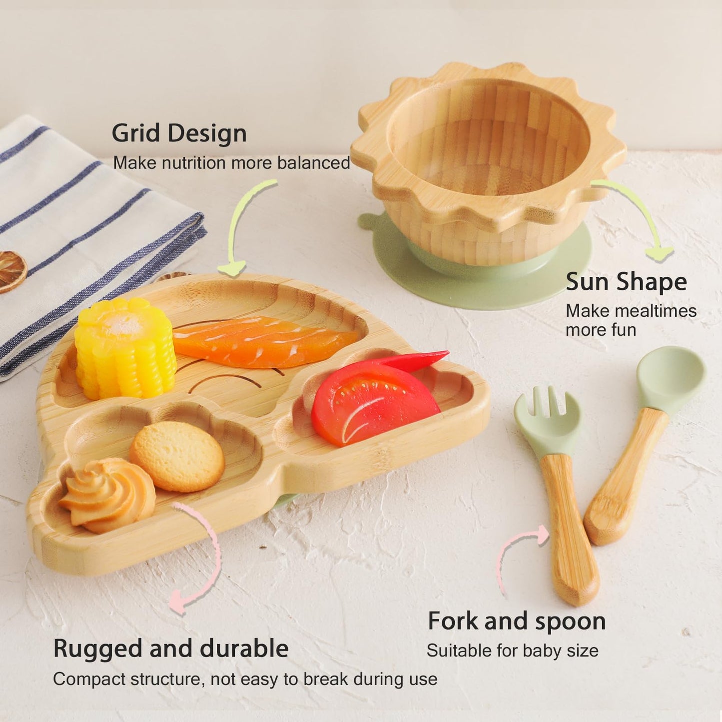 Bamboo Suction Plates Bowls Set for Baby Toddler Divided Platter Food bowl with Silicone Fork & Spoon All-Natural Baby Feeding Set for Baby-Led Weaning, Non-Slip Design - CookCave