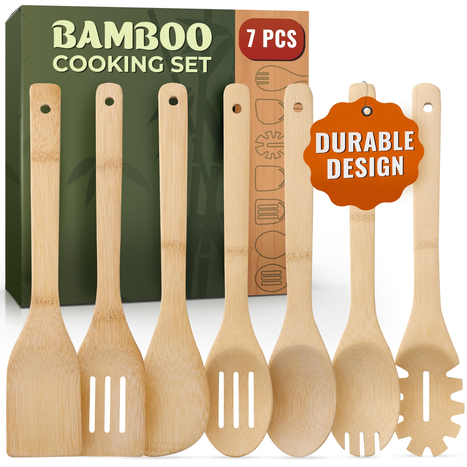 Bamboo Wooden Spoons for Cooking – 7 PCs Wooden Cooking Utensils for Nonstick Cookware – Wooden Utensil Set – Easy to Clean, Sturdy, Lightweight & Heat Resistant - CookCave