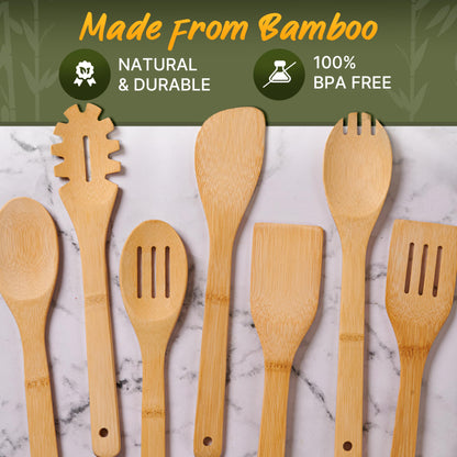 Bamboo Wooden Spoons for Cooking – 7 PCs Wooden Cooking Utensils for Nonstick Cookware – Wooden Utensil Set – Easy to Clean, Sturdy, Lightweight & Heat Resistant - CookCave