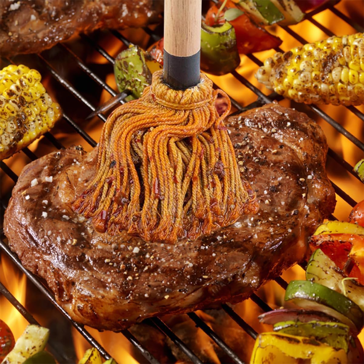 Basting Mop Brush 15.5" for BBQ Grilling - Wooden Handle Detachable with 2 Replacement Heads &Silicone Brush - Grill Tools for Outdoor Cooking, Camping, Smoking - CookCave