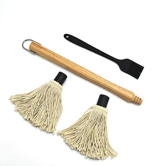 Basting Mop Brush 15.5" for BBQ Grilling - Wooden Handle Detachable with 2 Replacement Heads &Silicone Brush - Grill Tools for Outdoor Cooking, Camping, Smoking - CookCave