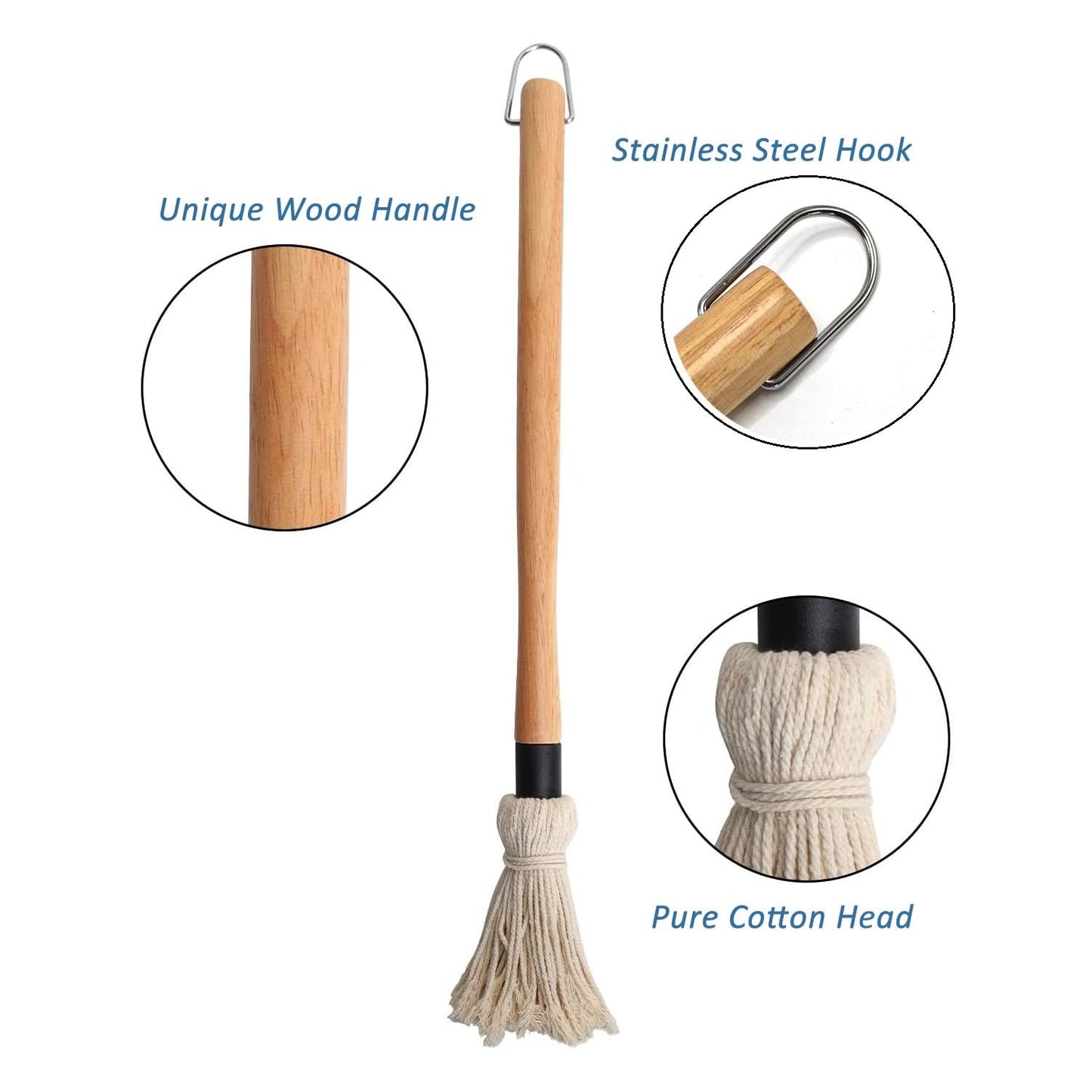 Basting Mop Brush 15.5" for BBQ Grilling - Wooden Handle Detachable with 2 Replacement Heads &Silicone Brush - Grill Tools for Outdoor Cooking, Camping, Smoking - CookCave