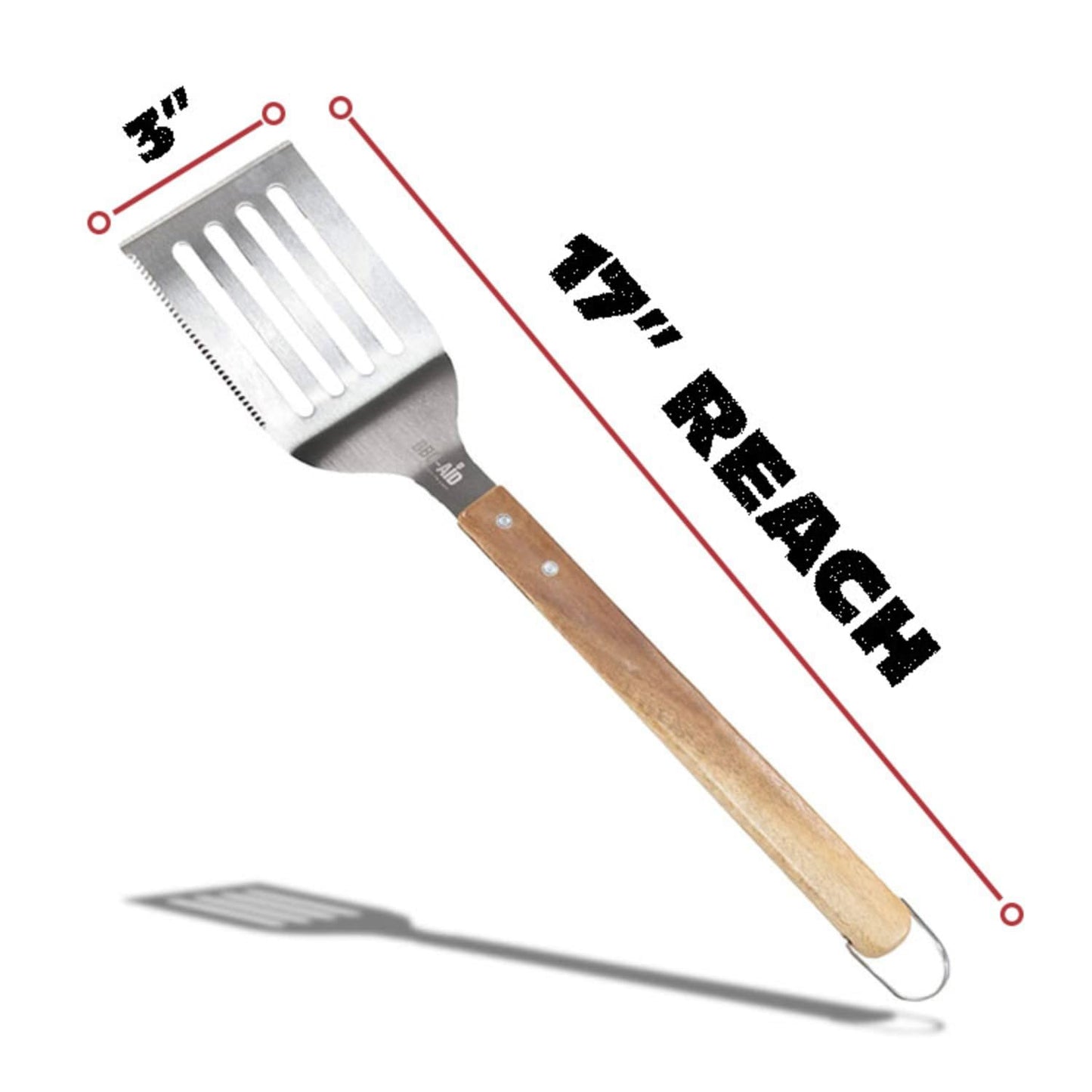 BBQ-AID Pro BBQ Metal Spatula - 17" Barbecue Spatula Stainless Steel with Serrated Knife Edge - Acacia Wood Handle - Heavy Duty Built to Last - CookCave