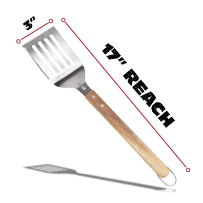 BBQ-AID Pro BBQ Metal Spatula - 17" Barbecue Spatula Stainless Steel with Serrated Knife Edge - Acacia Wood Handle - Heavy Duty Built to Last - CookCave
