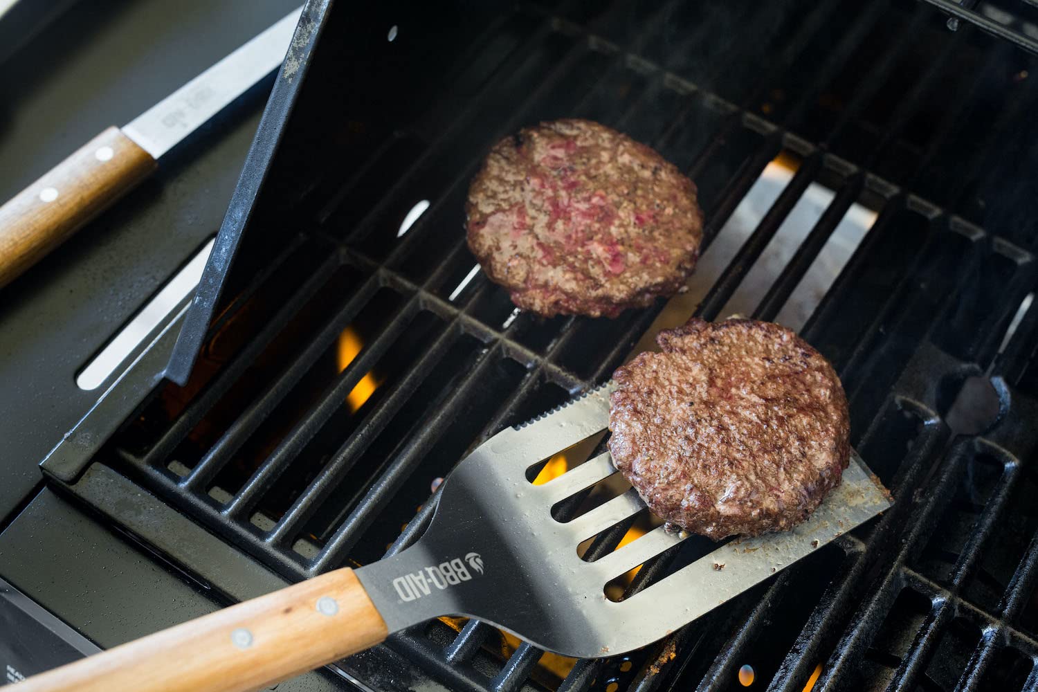 BBQ-AID Pro BBQ Metal Spatula - 17" Barbecue Spatula Stainless Steel with Serrated Knife Edge - Acacia Wood Handle - Heavy Duty Built to Last - CookCave