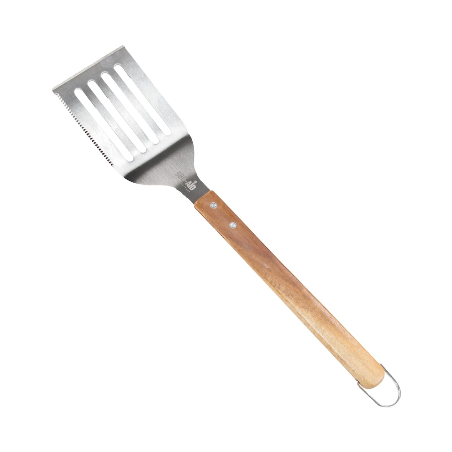 BBQ-AID Pro BBQ Metal Spatula - 17" Barbecue Spatula Stainless Steel with Serrated Knife Edge - Acacia Wood Handle - Heavy Duty Built to Last - CookCave
