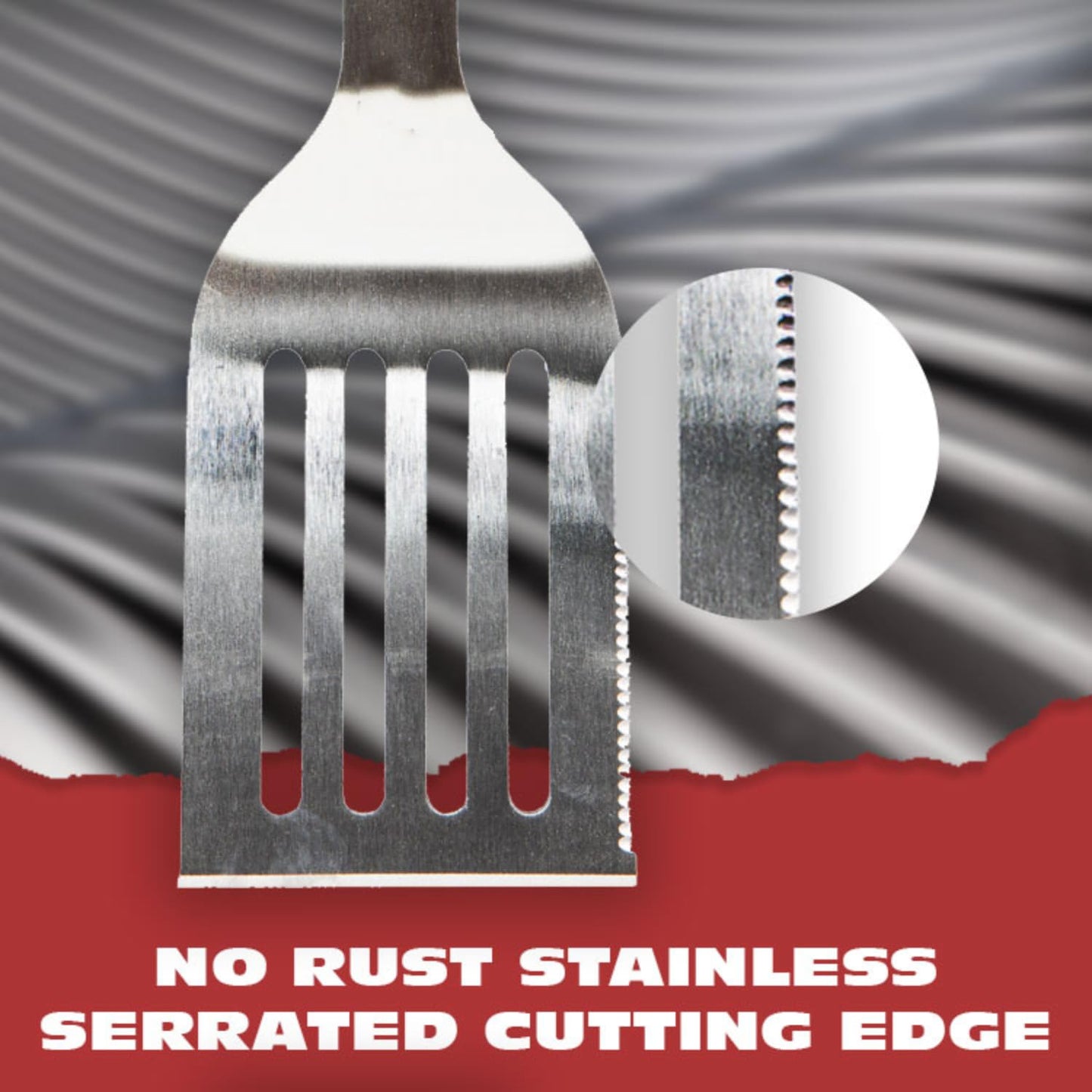 BBQ-AID Pro BBQ Metal Spatula - 17" Barbecue Spatula Stainless Steel with Serrated Knife Edge - Acacia Wood Handle - Heavy Duty Built to Last - CookCave