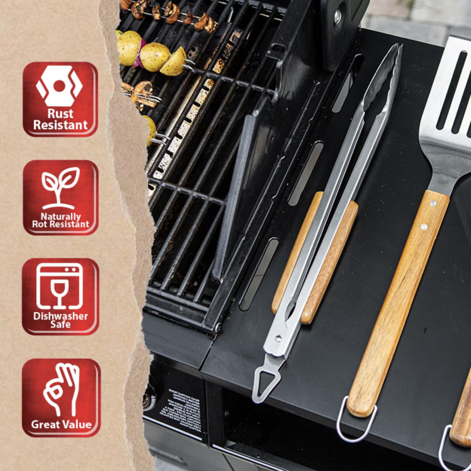 BBQ-AID Pro BBQ Tongs for Grill - 17" Professional Grade Barbecue Tongs for Cooking- Solid & Sturdy - Built with 304 Grade Stainless Steel and Acacia Wood - Heavy Duty Built to Last Kitchen essential. - CookCave